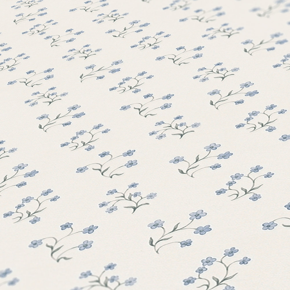             Papel pintado no tejido con finos motivos florales - blanco, azul, gris
        