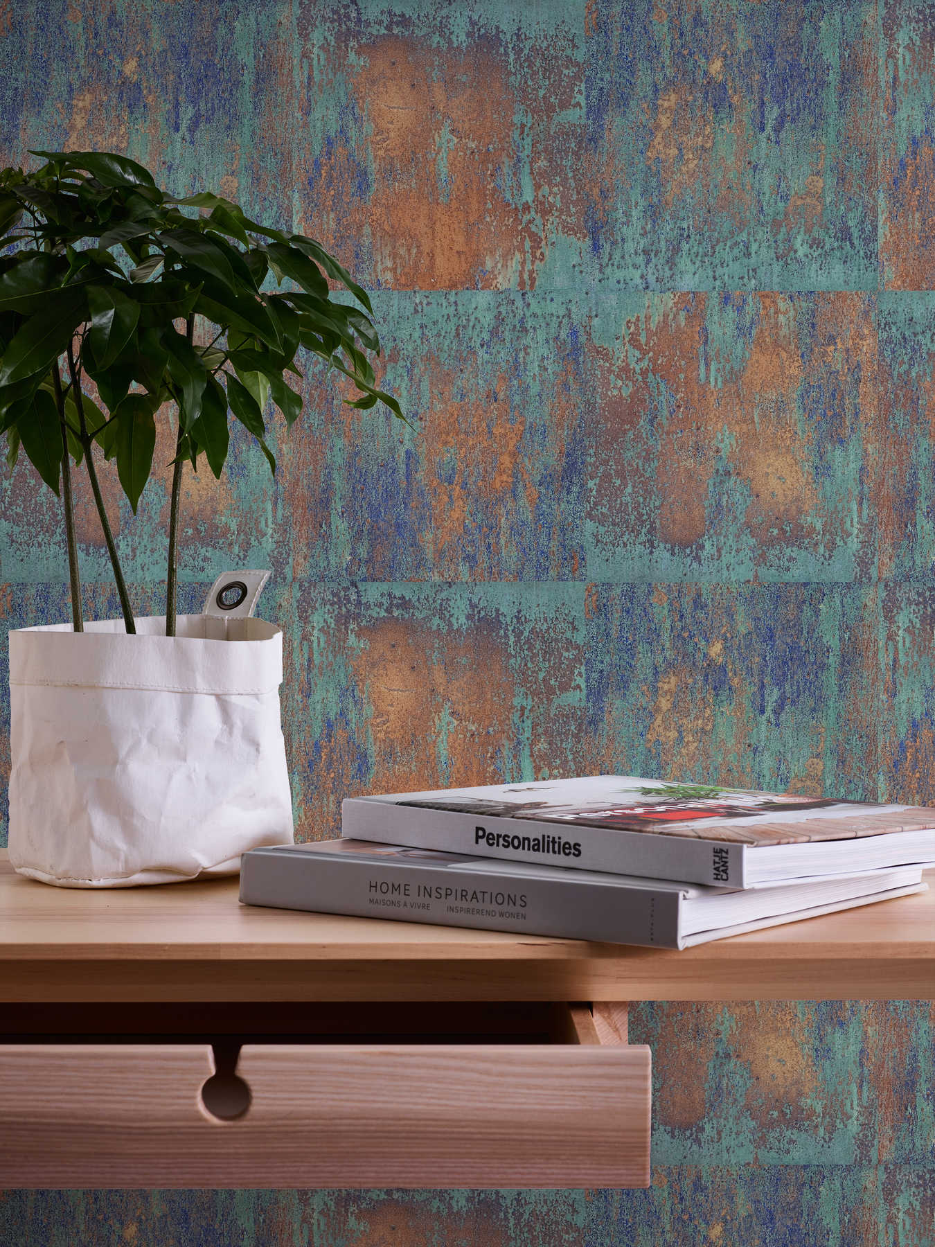             Non-woven wallpaper patina design with rust and copper effects - blue, brown, copper
        