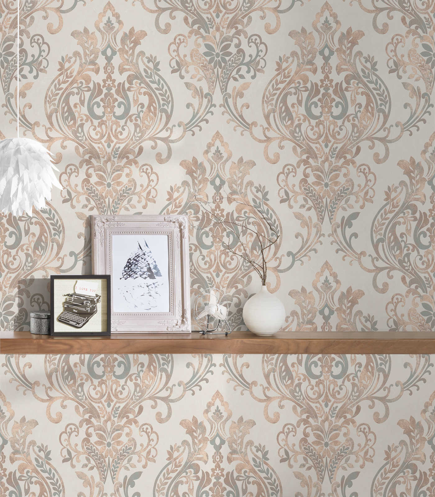             Zelfklevend behangpapier | Ornament patroon met metallic effect - beige, crème
        