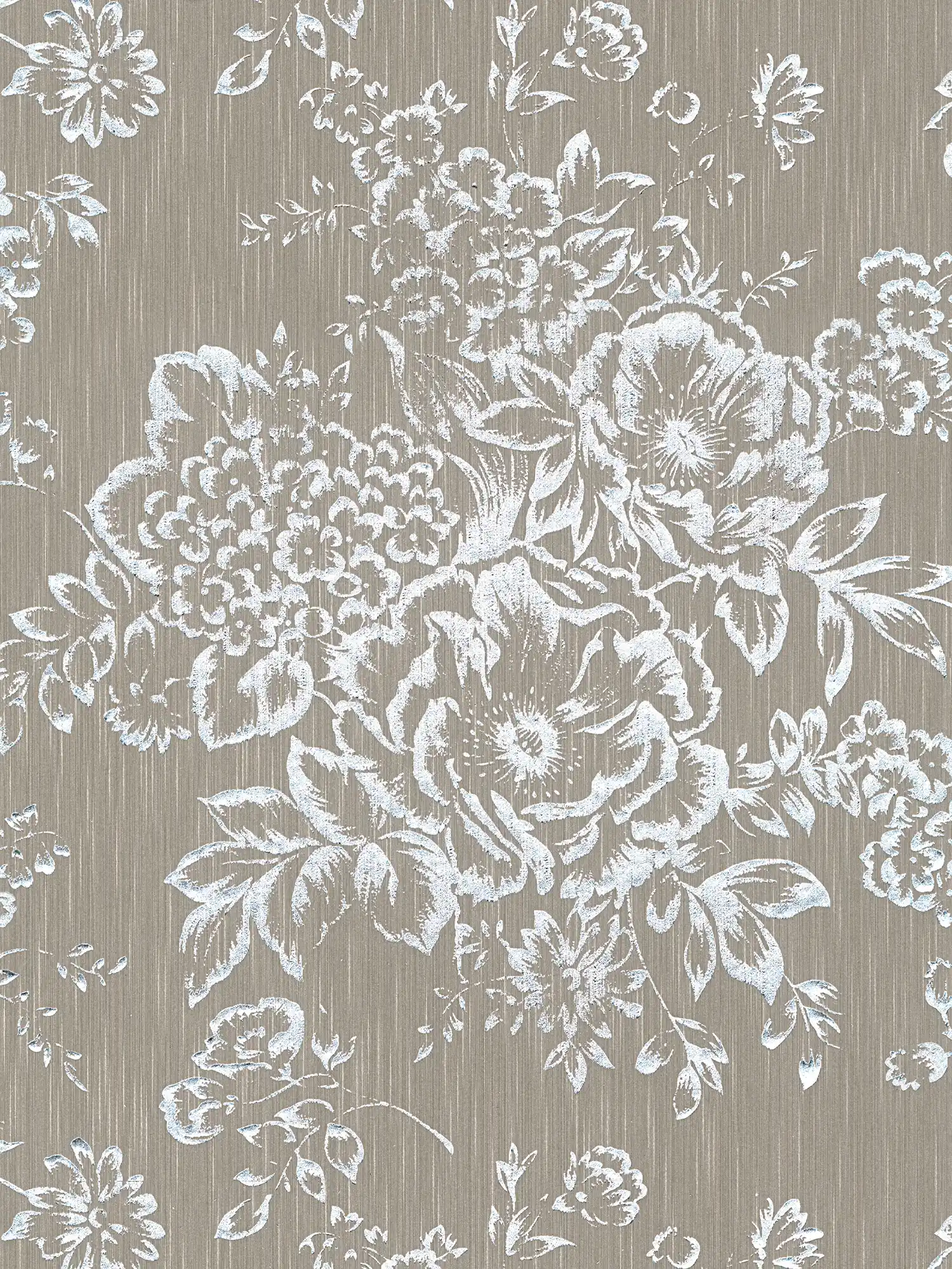 Textured wallpaper with silver floral pattern - silver, brown

