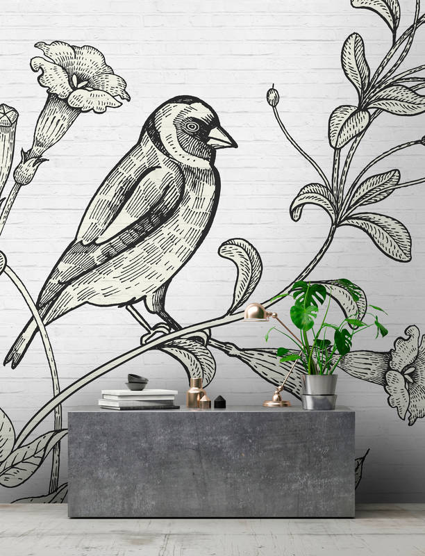             Stone wall mural with nature design in drawing style
        