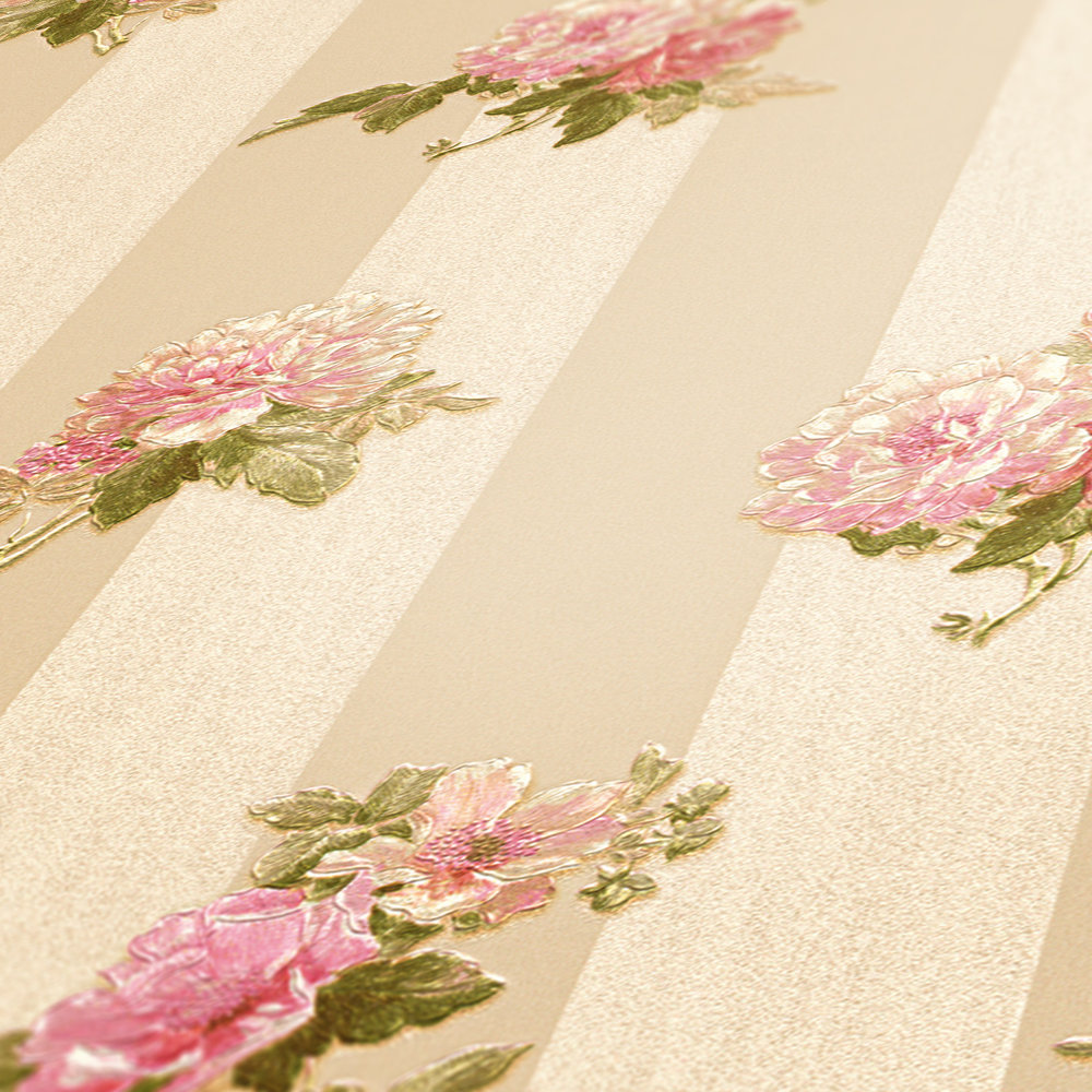             Papel pintado no tejido con diseño de rosas y rayas - crema, verde, rosa
        