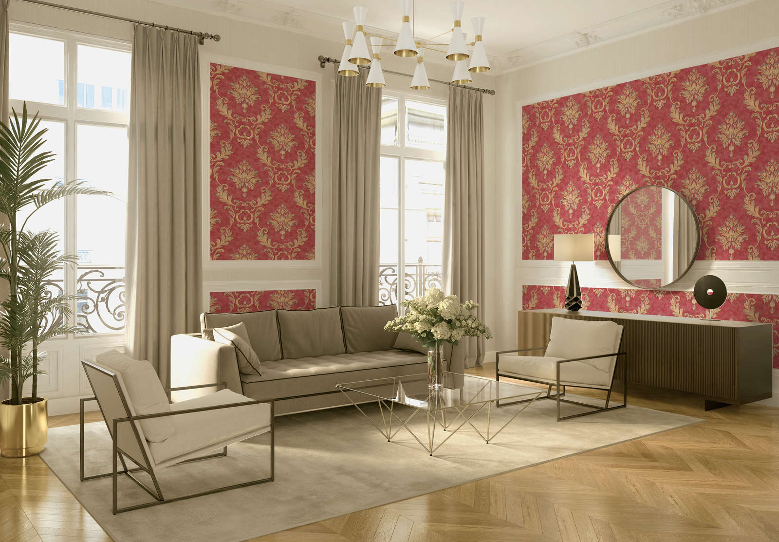             Designer wallpaper floral ornaments & metallic effect - red, gold
        