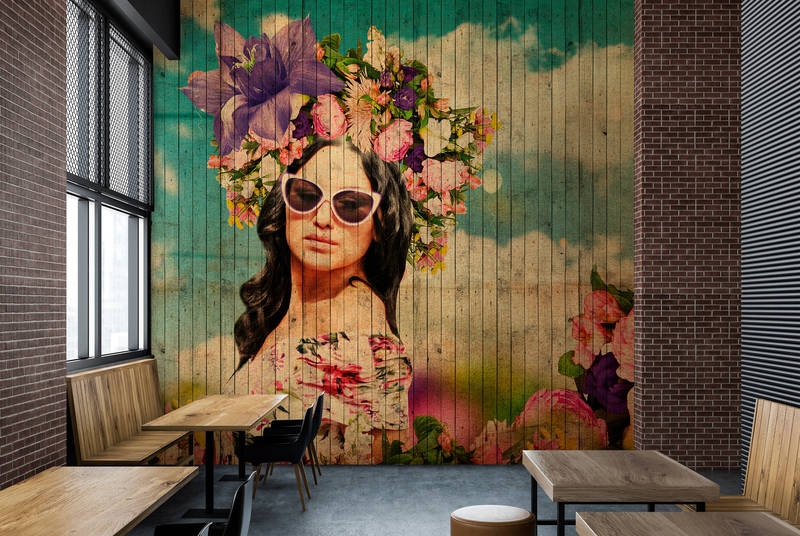             Havana 1 - Young woman in the flower meadow photo wallpaper with wood panel structure - Beige, Blue | Matt Smooth Non-woven
        