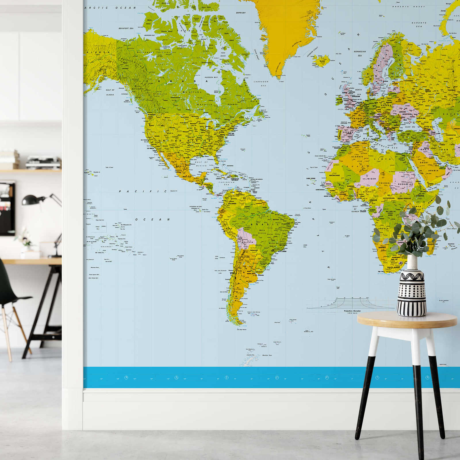             World map motif mural with scale
        