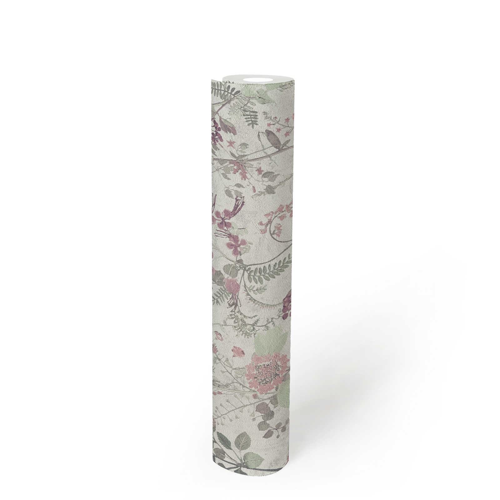             Papier peint naturel avec motifs floraux - gris, vert, rose
        