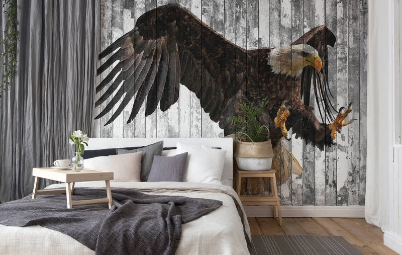             Eagle mural with wood look art style - orange, grey, brown
        