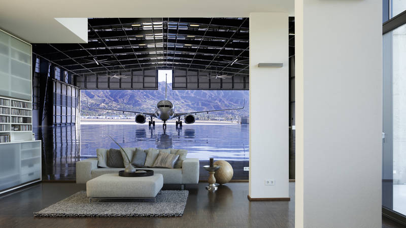             Vliegtuighangar - fotobehang 3D optiek vliegtuigen hangar
        