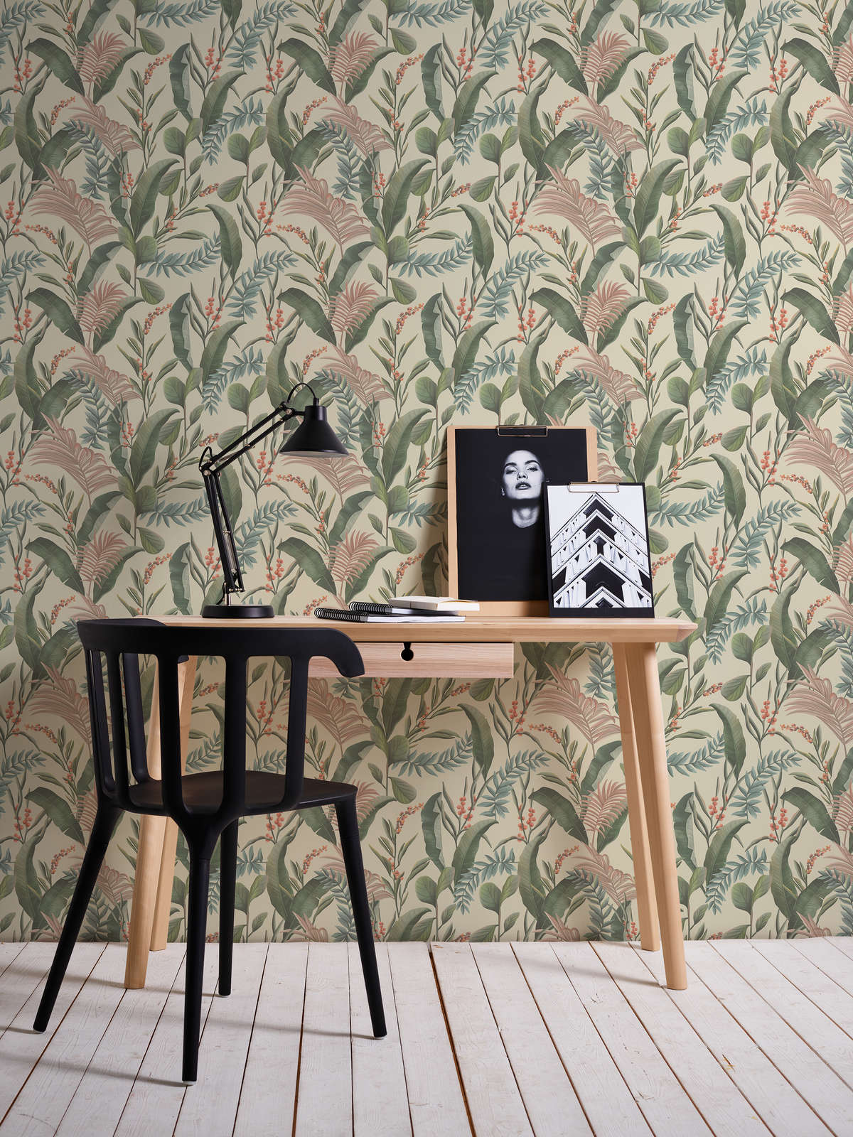             Floral wallpaper with leaves in jungle style textured matt - cream, green, beige
        