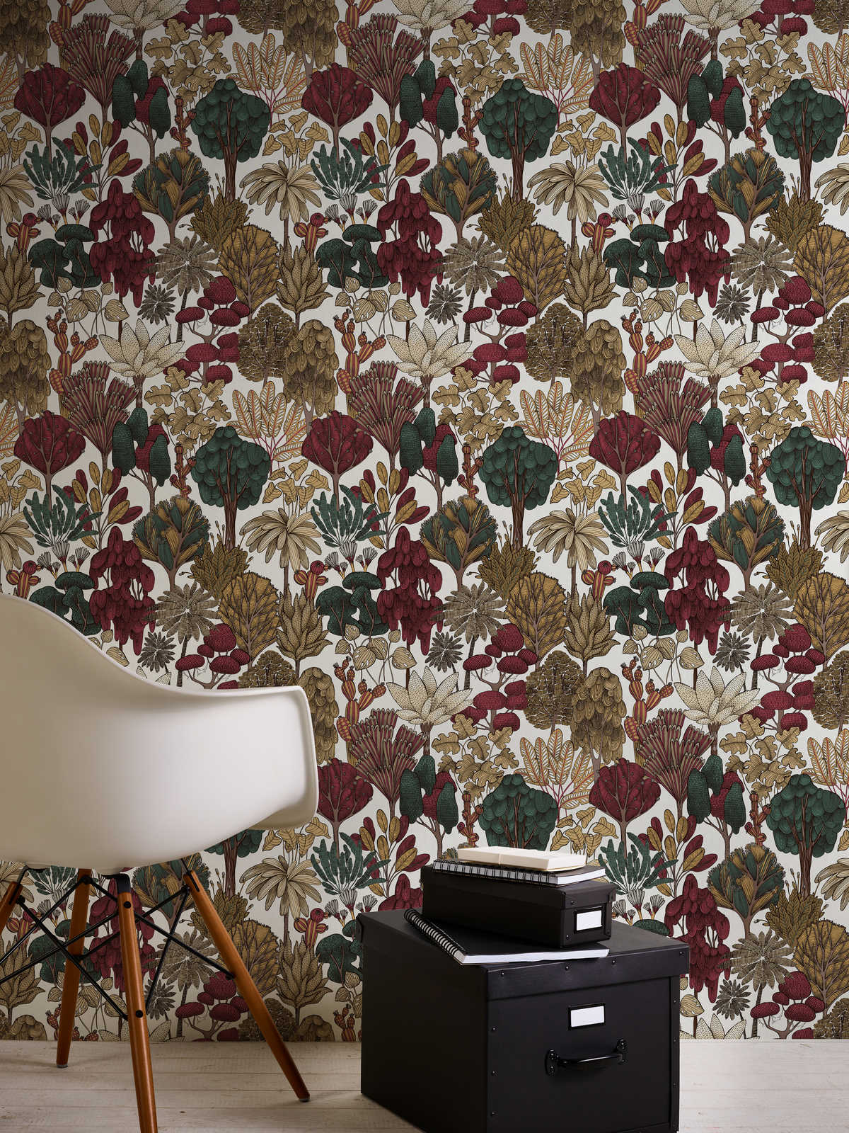            Modern wallpaper floral with trees in drawing style - red, beige, brown
        