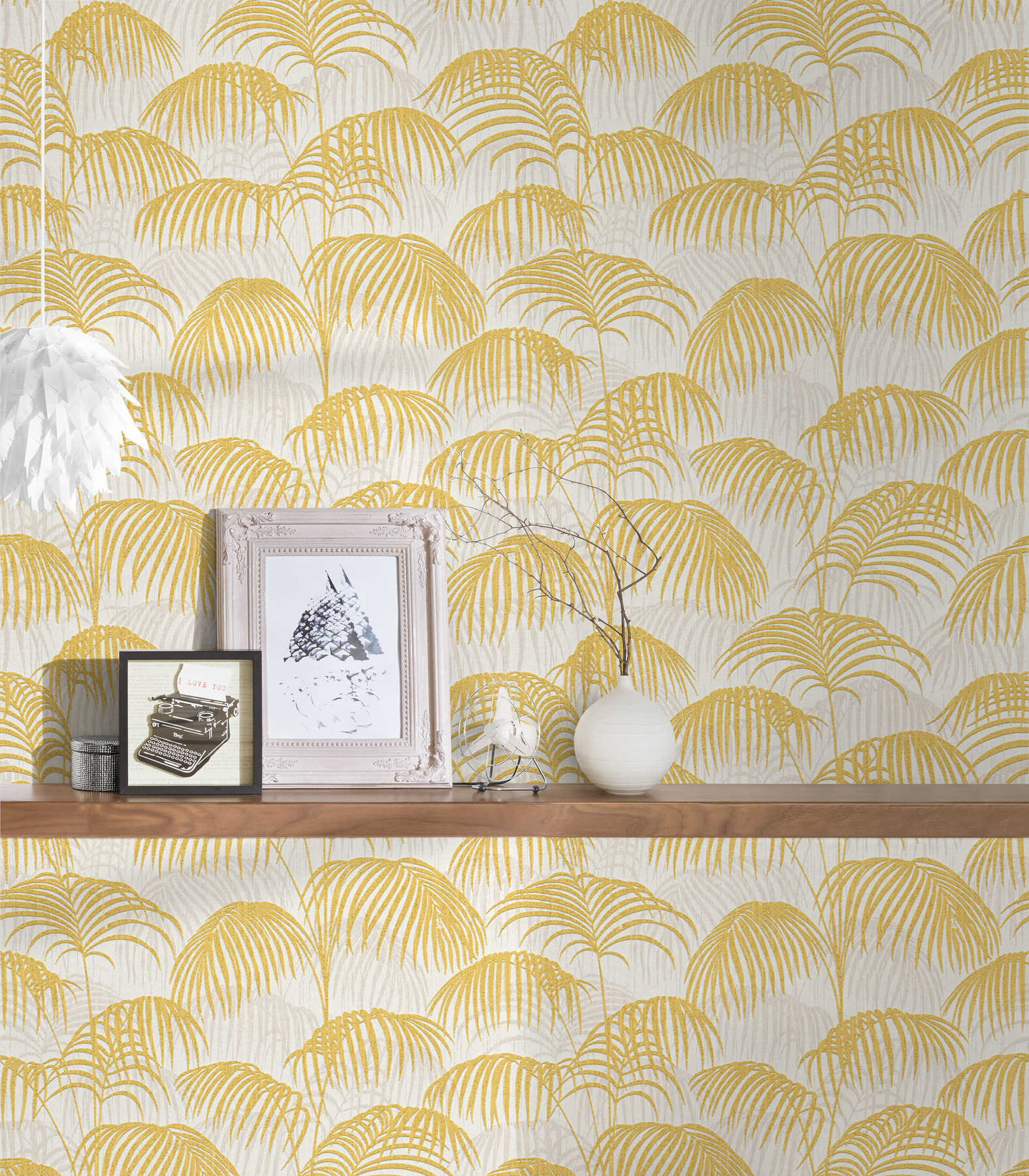             Palm behang met goud effect & structuur design - metallic, wit
        