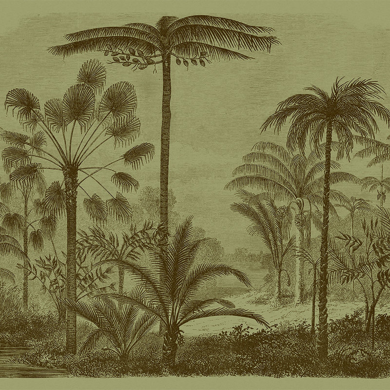 Jurassic 1 - Digital behang jungle motief kopergravure groen in kartonnen structuur - Bruin, Groen | Mat glad vlies
