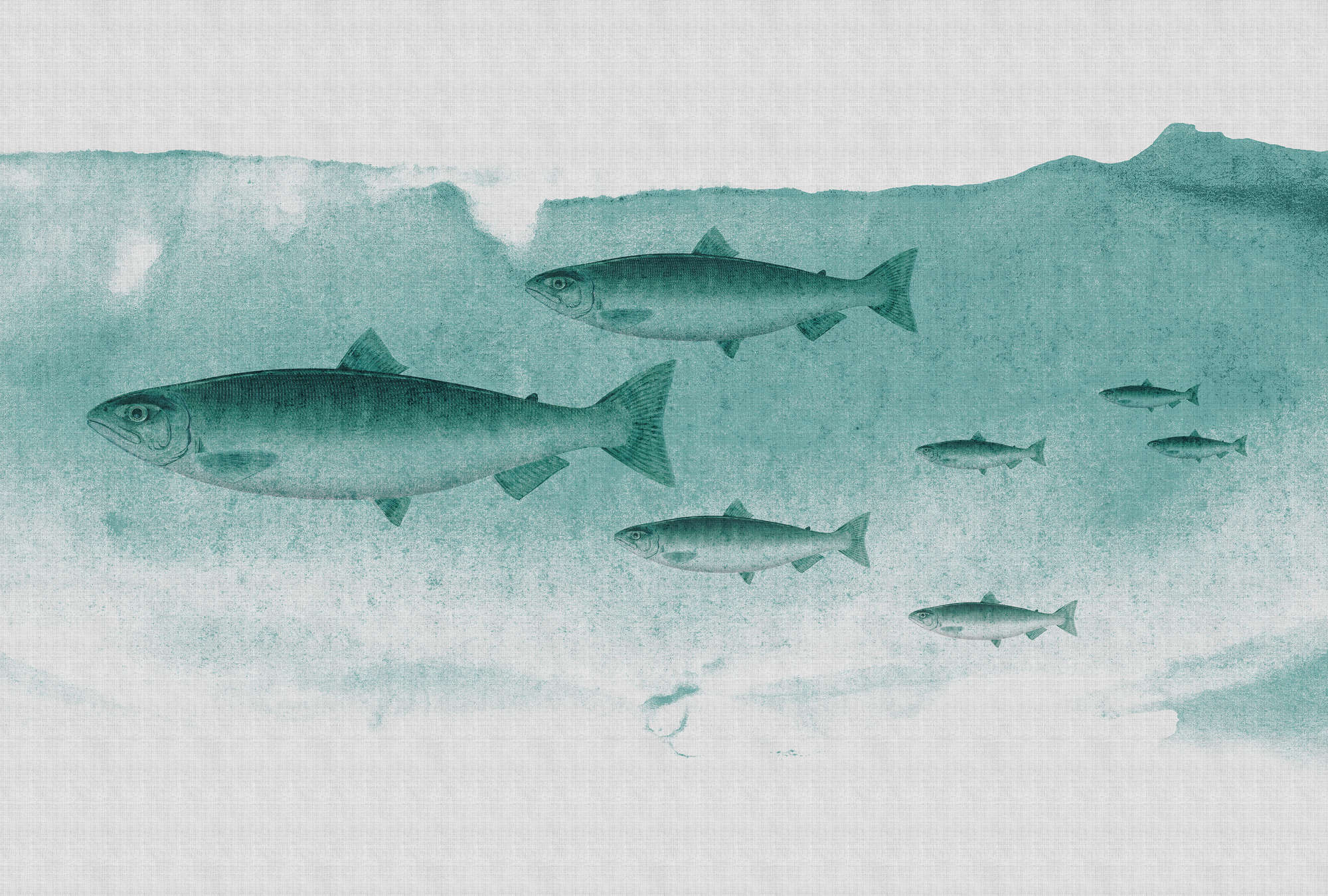             Into the blue 2 - Fish watercolour in green as photo wallpaper - natural linen structure - grey, green | structure non-woven
        