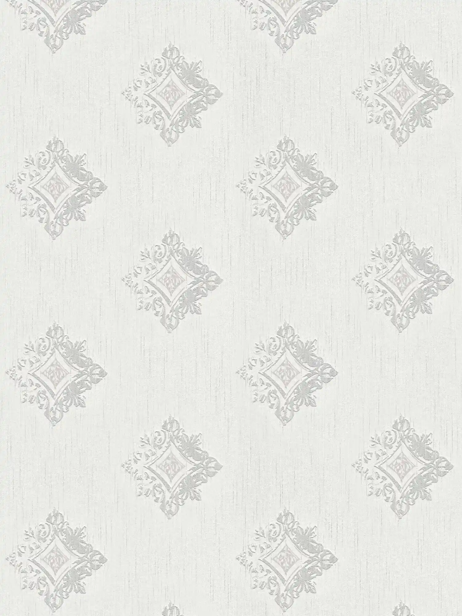 Carta da parati in tessuto non tessuto effetto intonaco con ornamenti a stucco e motivo a rombi - grigio, bianco
