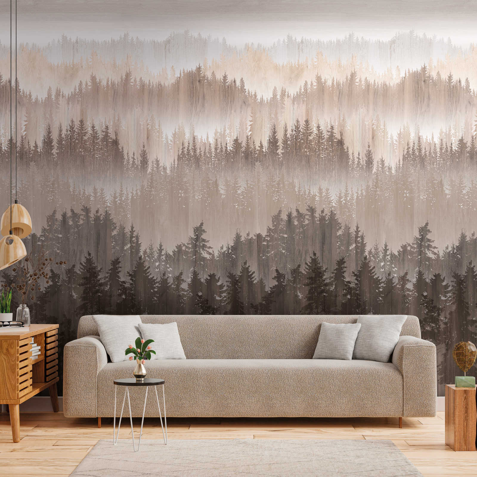         Non-woven wallpaper with suggested forest pattern - brown, beige, cream
    