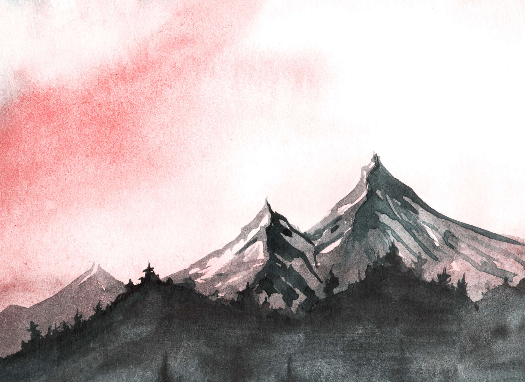             Watercolour Mountain Landscape - Grey, Pink
        
