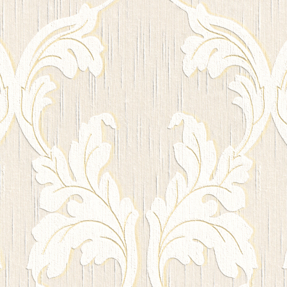             Hoogwaardig textielbehang met ornamentranken - beige, crème, goud
        