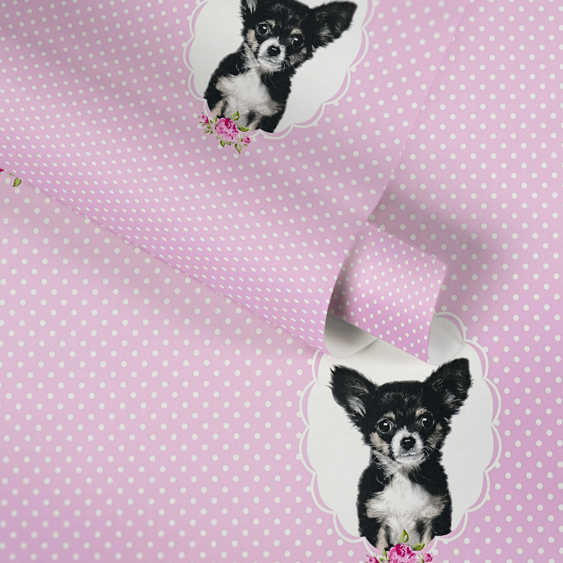             Papel pintado de lunares rosas con retratos de perros - Rosa
        