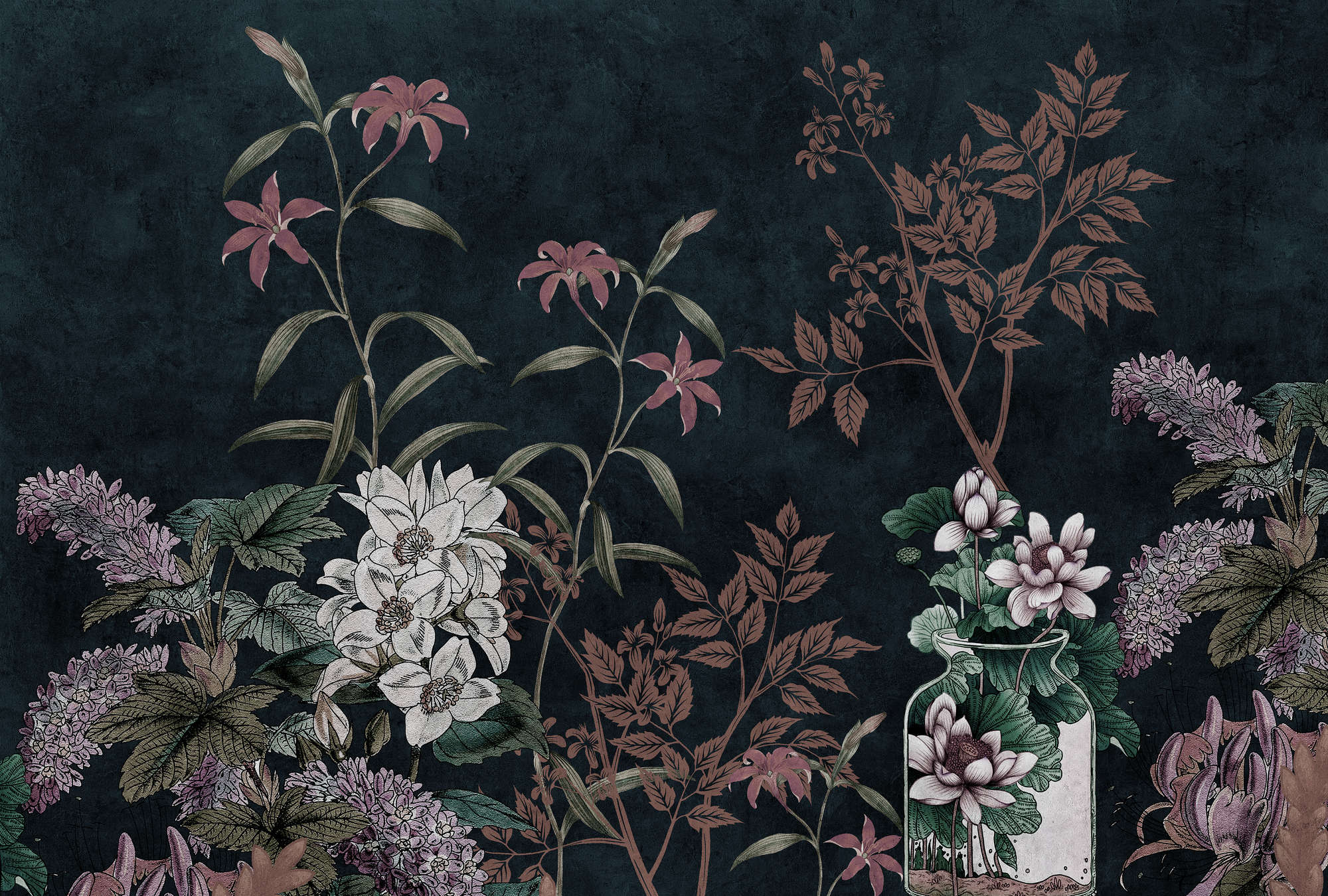             Dark Room 2 - Papier peint noir Botanical Muster Rosa
        