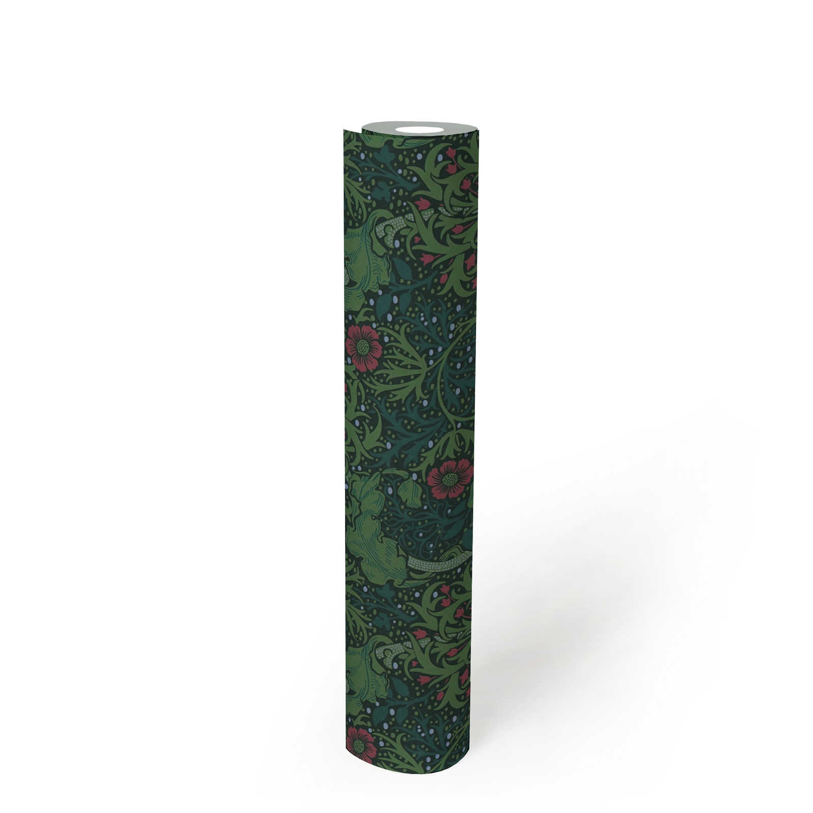             Floral wallpaper with blossoms and flower tendrils - green, pink, black
        