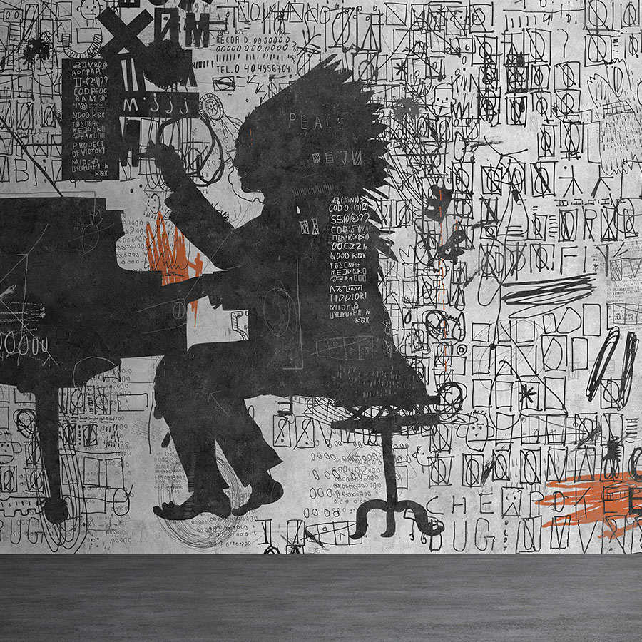 Piano Bar 1 - Street Art Behang Scribbel Design Zwart & Grijs
