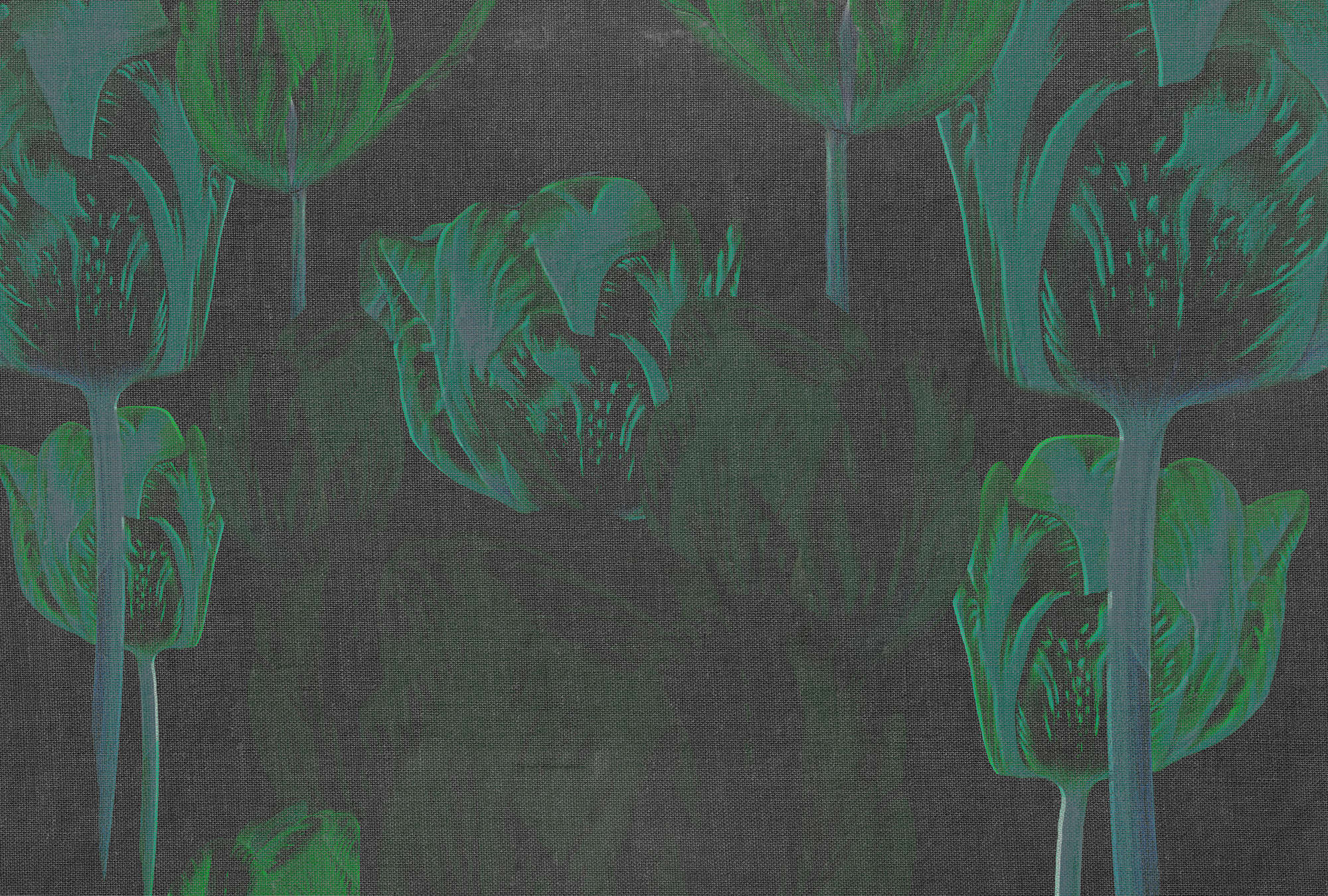             Papier peint panoramique foncé Tulipes, fleurs aux couleurs voyantes - vert, noir, gris
        