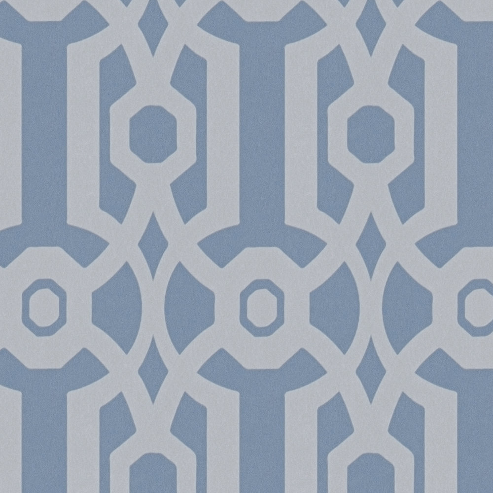             Grafisch behang in Engelse stijl - blauw, crème
        