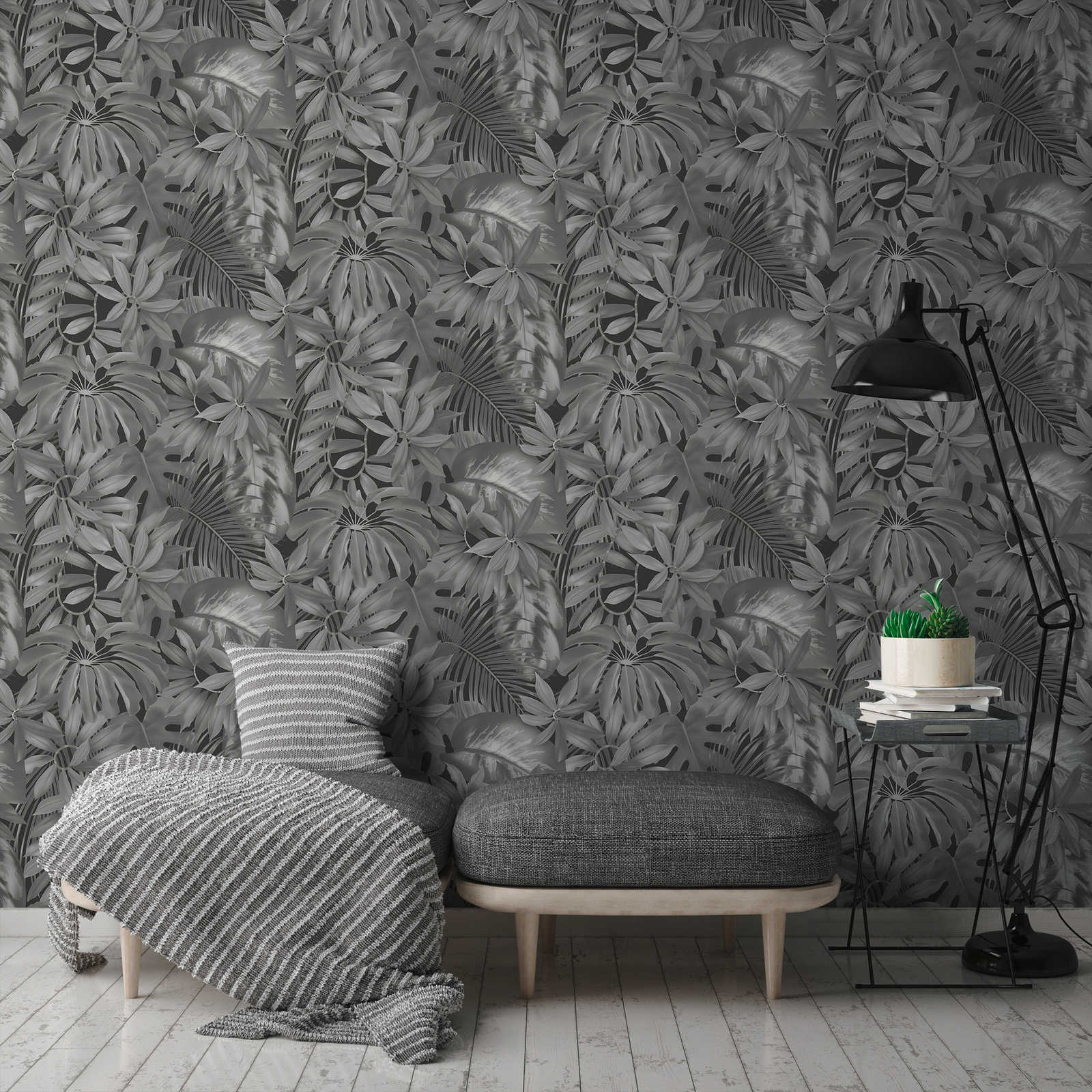             Leaves wallpaper jungle pattern - grey, black
        