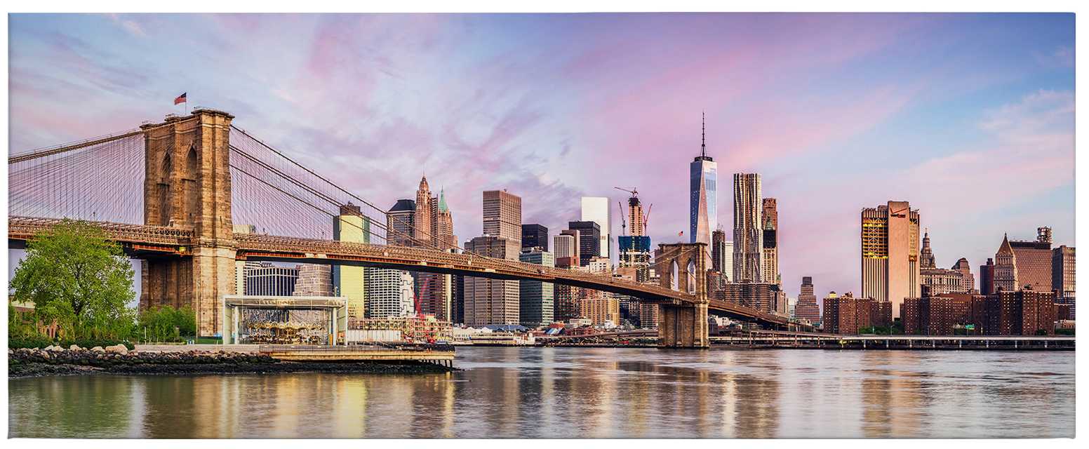             Panorama Canvas schilderij Manhattan Skyline en Brooklyn Bridge - 1,00 m x 0,40 m
        