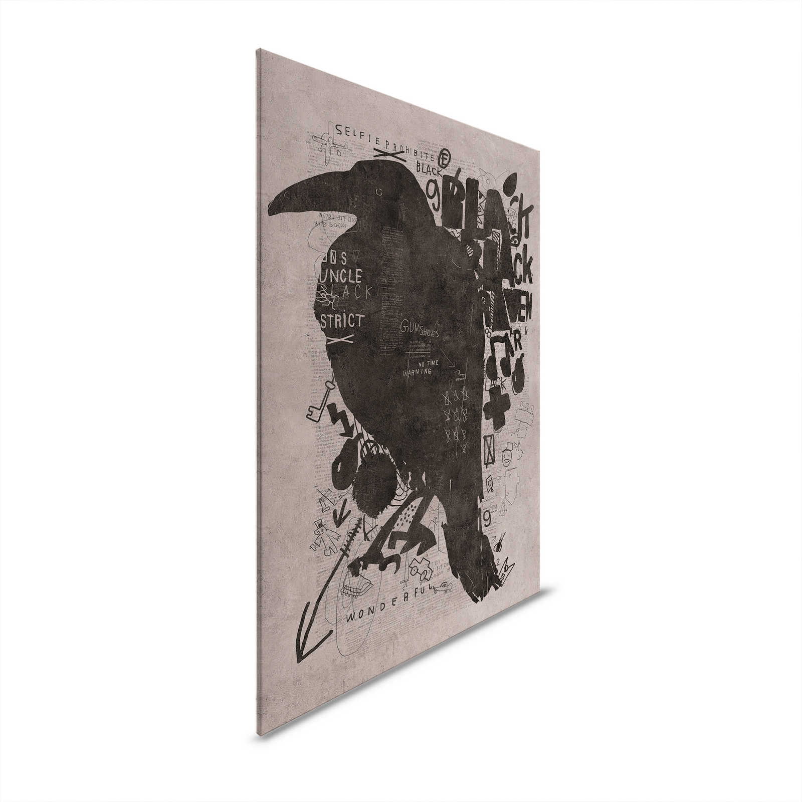 Streets of London 2 - Canvas painting black raven with scribble pattern - 0.80 m x 1.20 m
