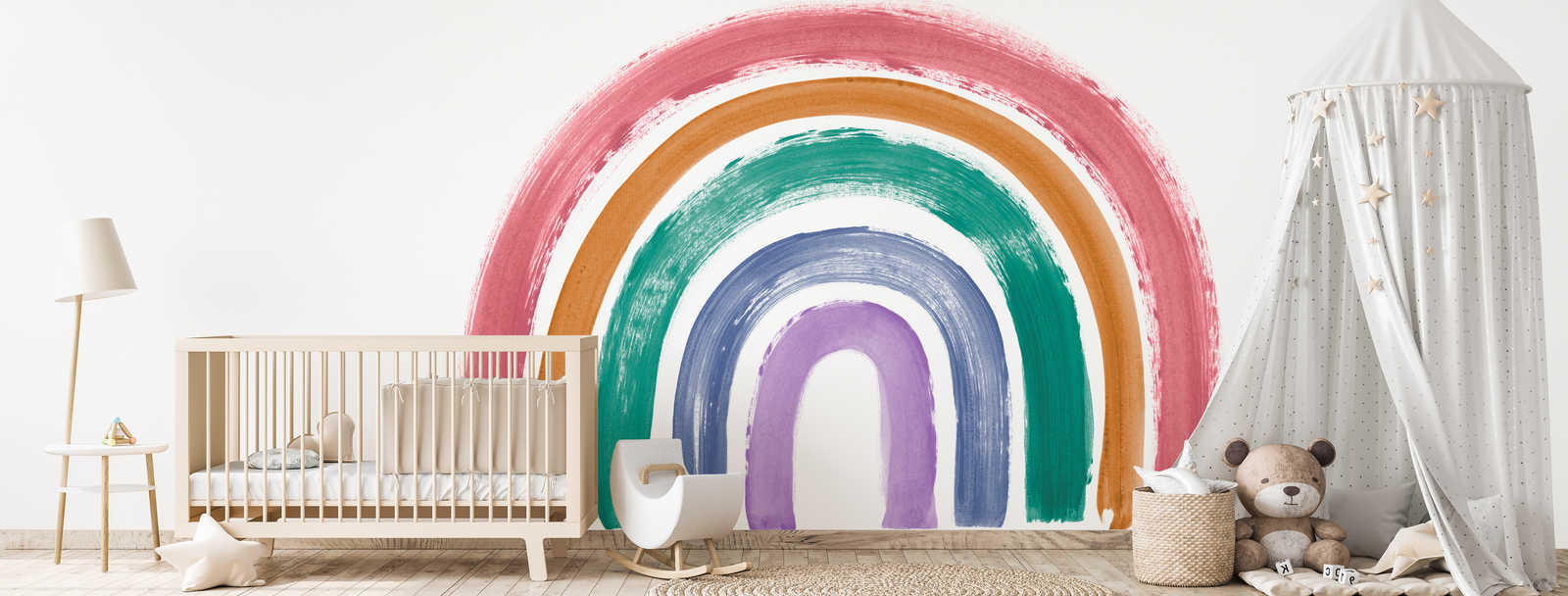             Muurschildering regenboog in heldere retro kleuren
        