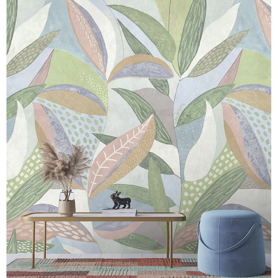 Digital behang »emilia« - Bont pastel bladpatroon voor betonnen pleisterstructuur - groen, blauw, roze | Glad, licht glanzend premium vliesdoek
