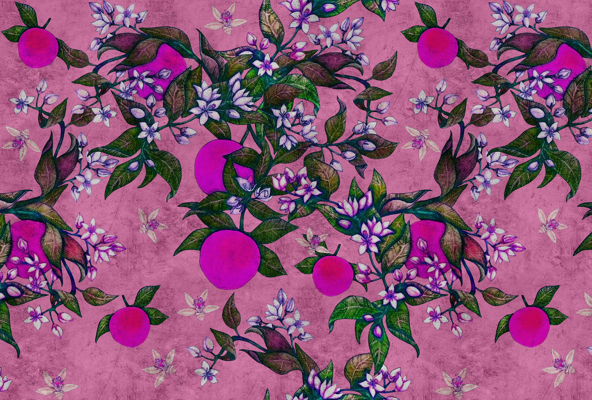             Grapefruit Tree 2 - Photo wallpaper with grapefruit & flower design in scratchy texture - Pink, Purple | Pearl smooth fleece
        