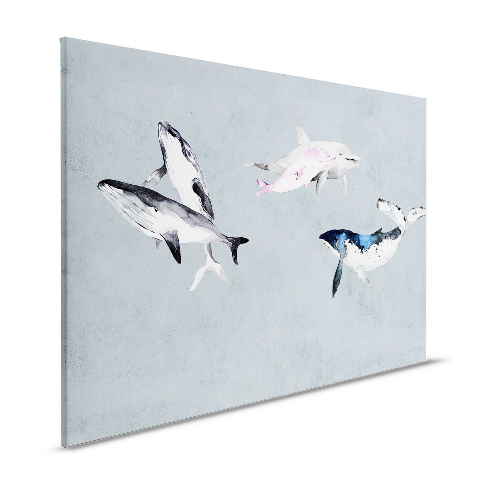 Oceans Five 1 - Tela dipinta in stile acquerello con balene e delfini - 1,20 m x 0,80 m
