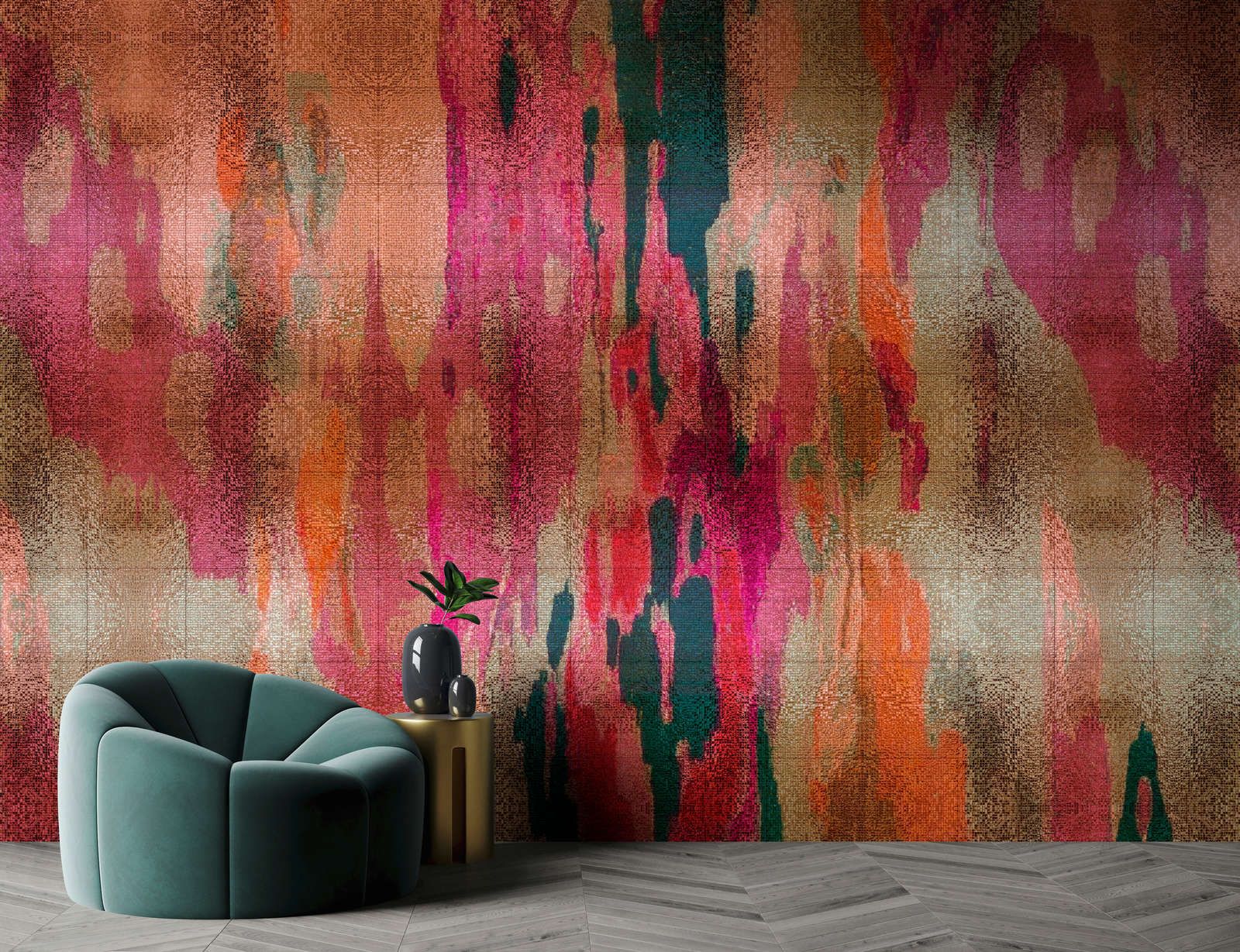             Photo wallpaper »marielle 2« - Colour gradients violet, orange, petrol with mosaic structure - Lightly textured non-woven fabric
        