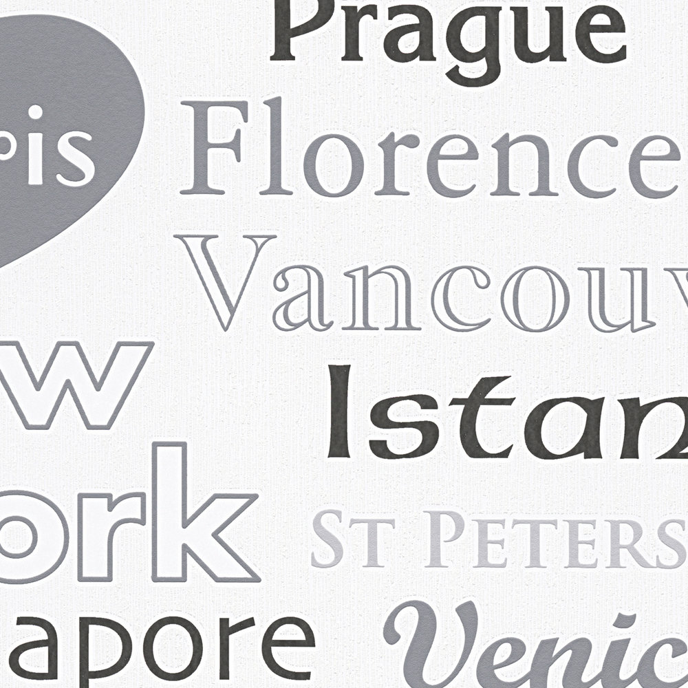             Non-woven wallpaper cities, typography & destinations- grey, brown, white
        