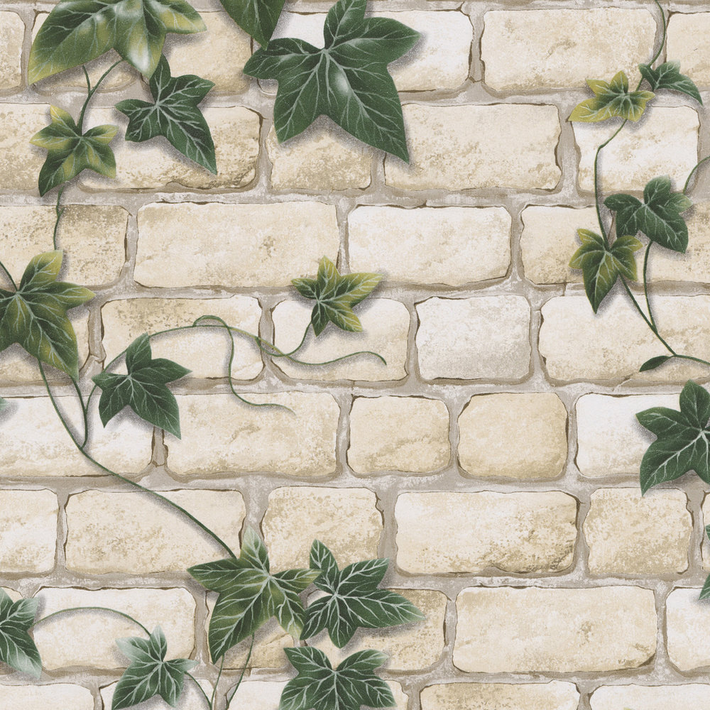             Wallpaper with masonry & ivy vines, stone look - white, green
        