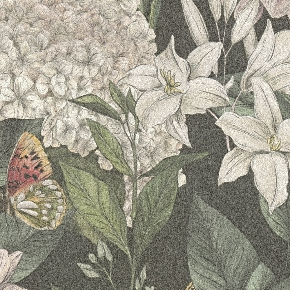             Modern floral style wallpaper with flowers & butterflies textured - black, dark green, white
        