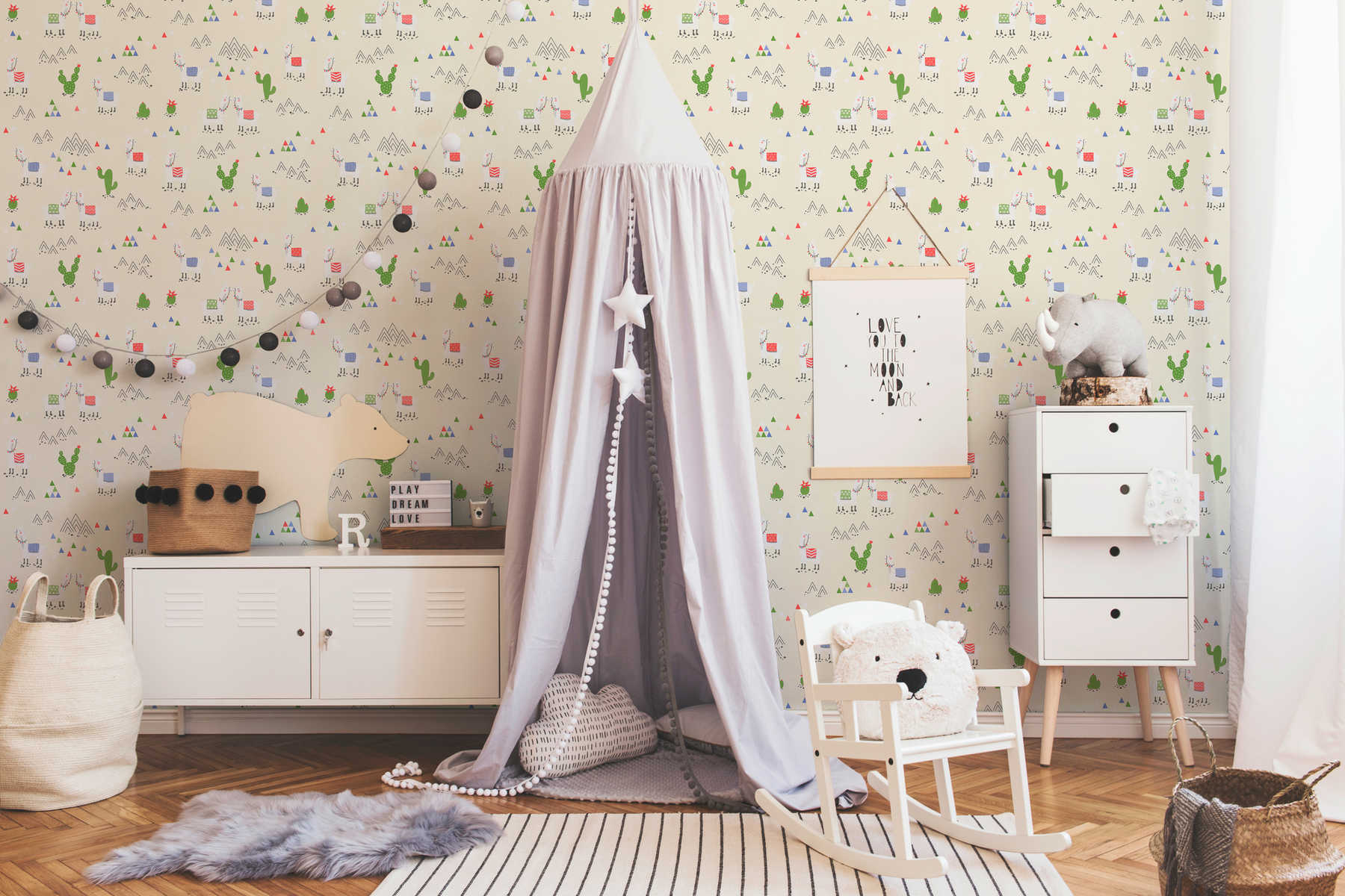             Papel pintado de Llama para habitación infantil en estilo cómic - beige, crema
        