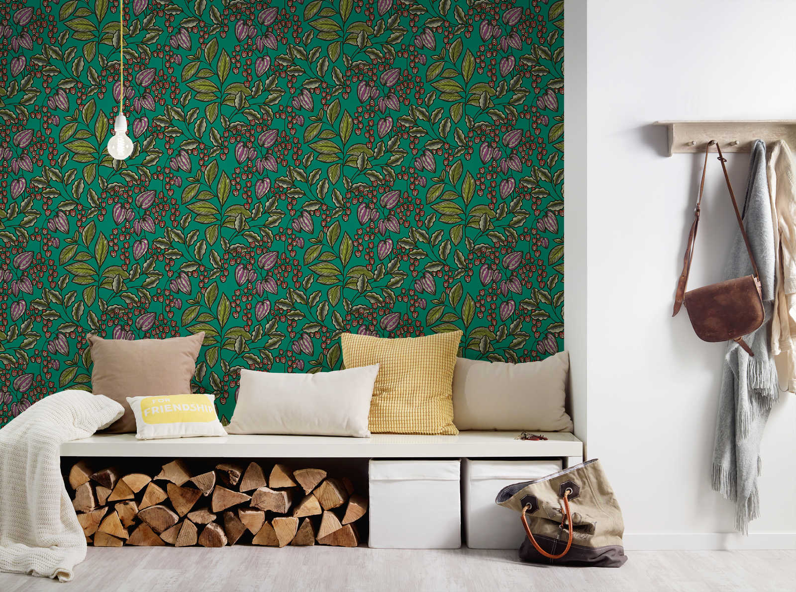             Wallpaper green with leaves motif in Scandi design - green, red, purple
        