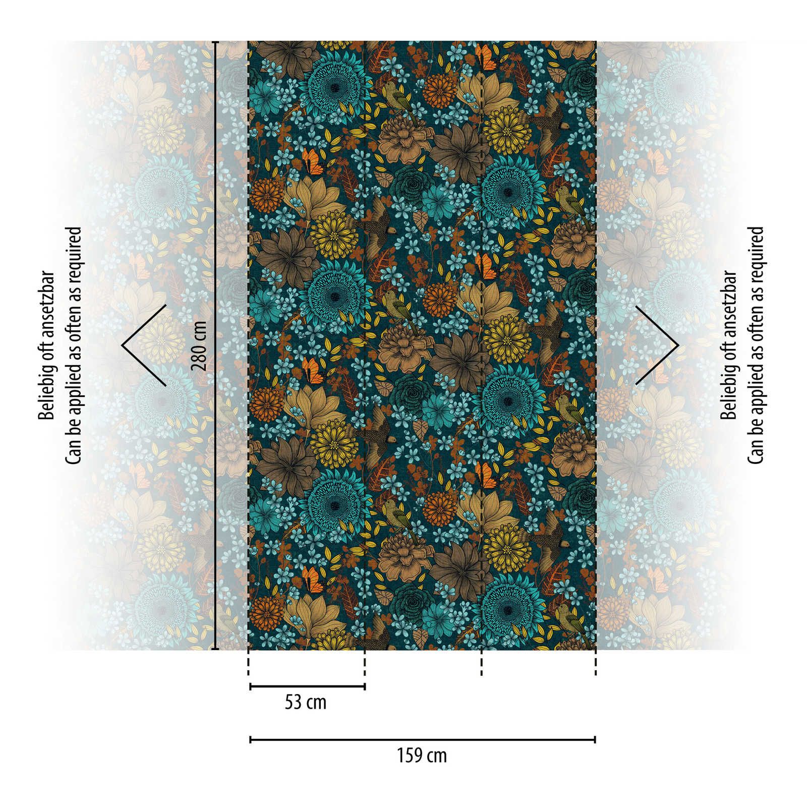             Colourful non-woven wallpaper with large floral pattern with flowers & leaves - blue, beige, brown
        