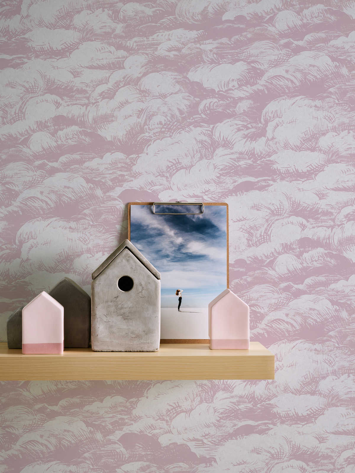             Papier peint vieux rose nuages design paysage vintage - rose, blanc
        