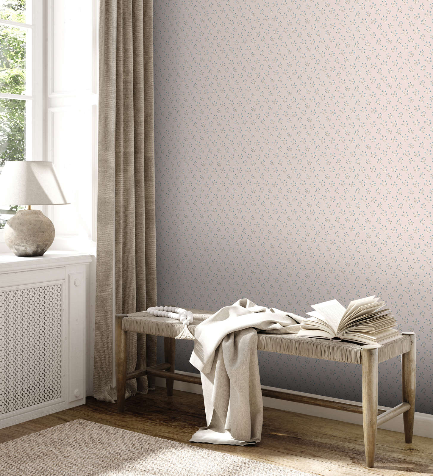             Floral wallpaper with small country house pattern - cream, blue, grey
        