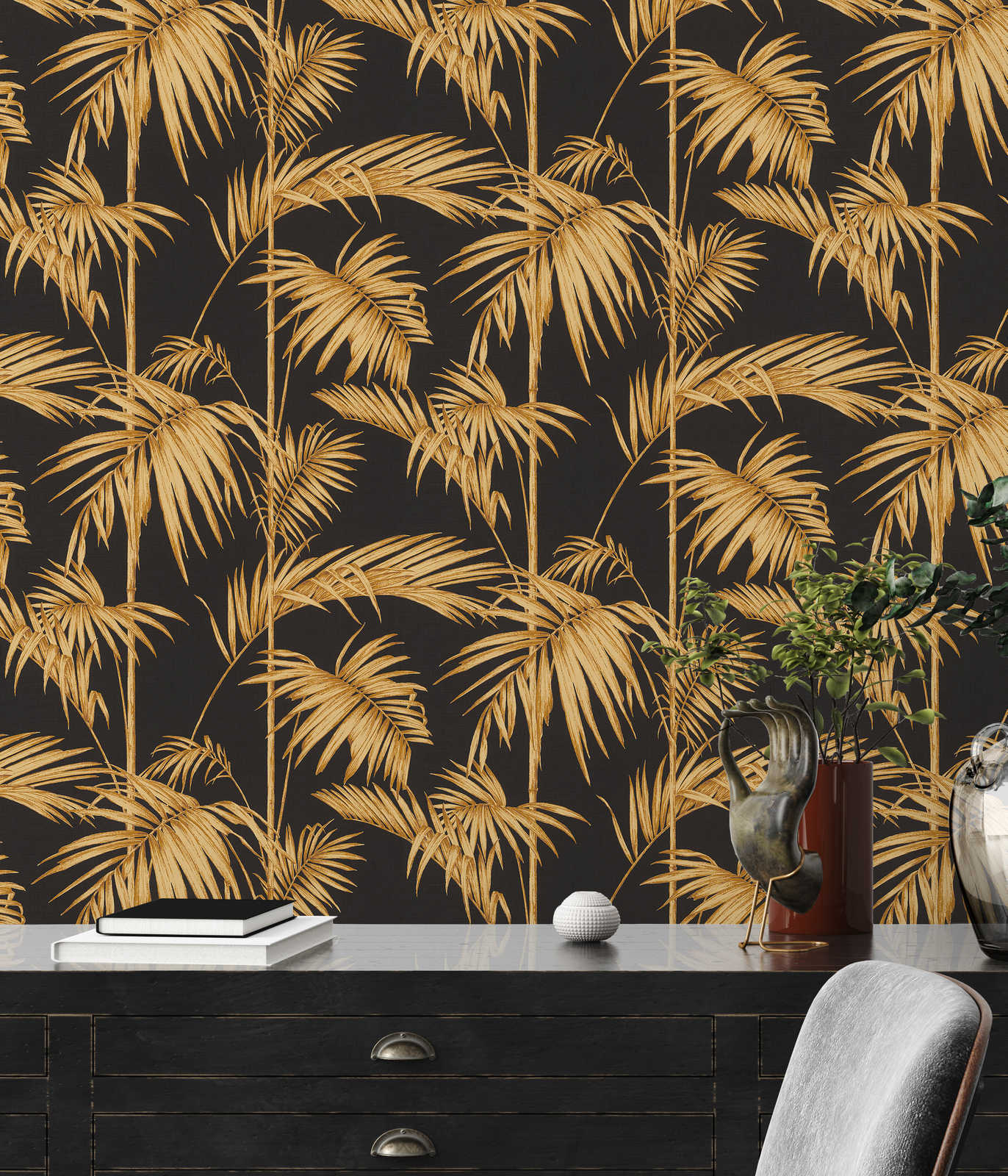             Nature wallpaper palm leaves, bamboo - gold, black, orange
        