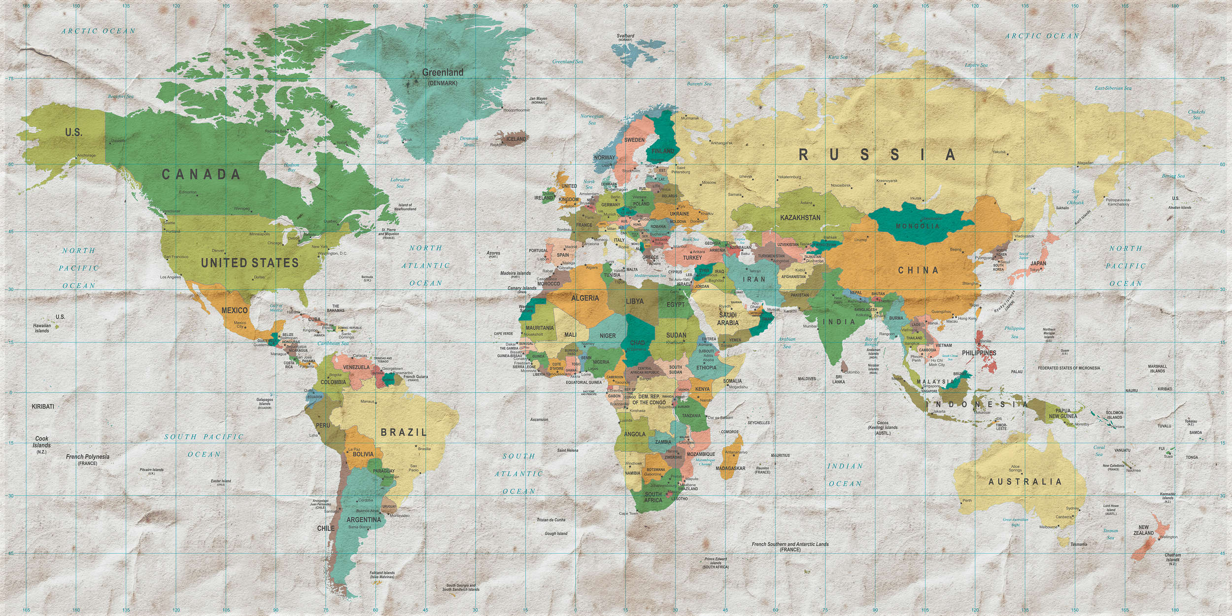 Kamerbeeld fotobehang wereldkaart landen van de wereld in retro look