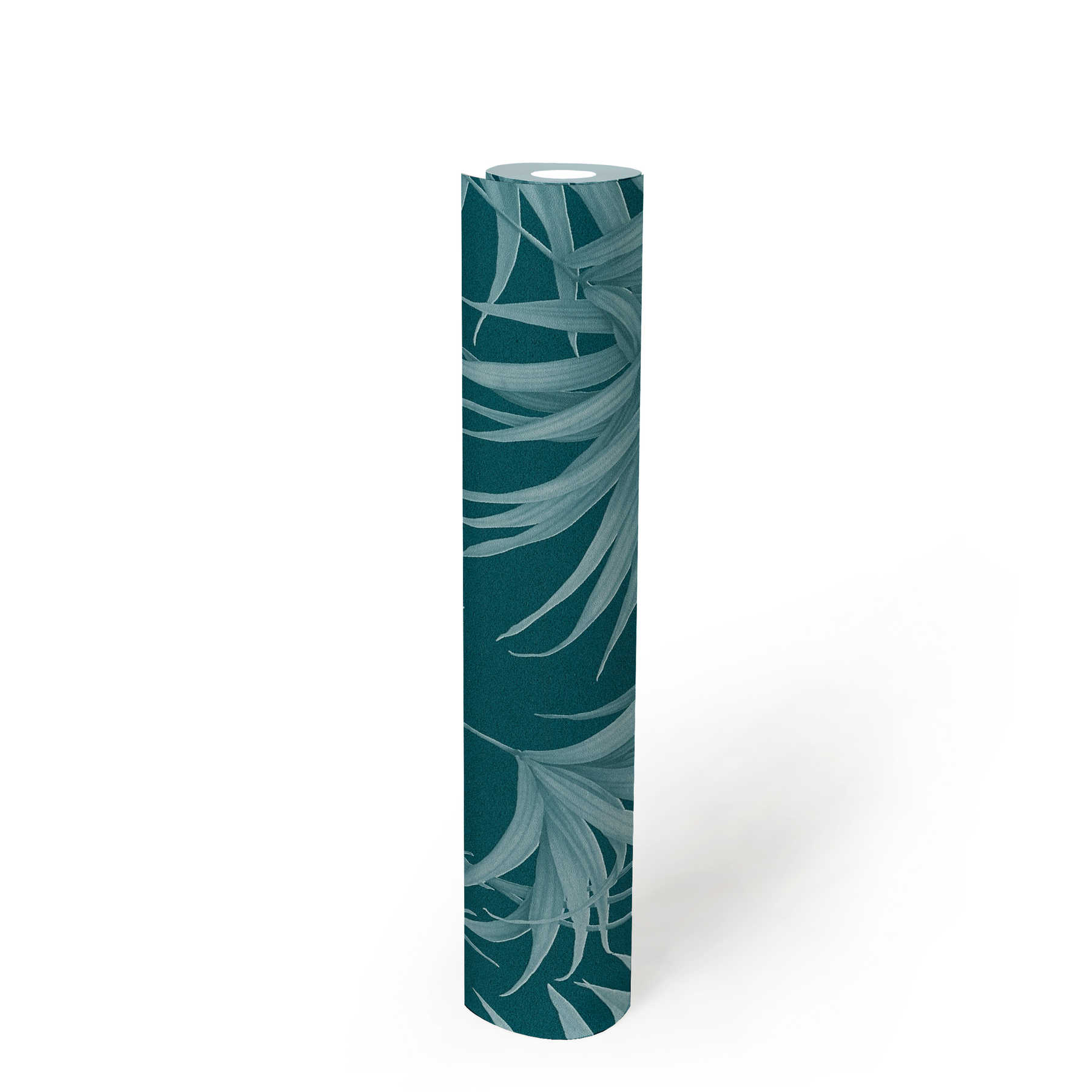             Palm leaves wallpaper with tone-on-tone pattern in petrol - blue
        