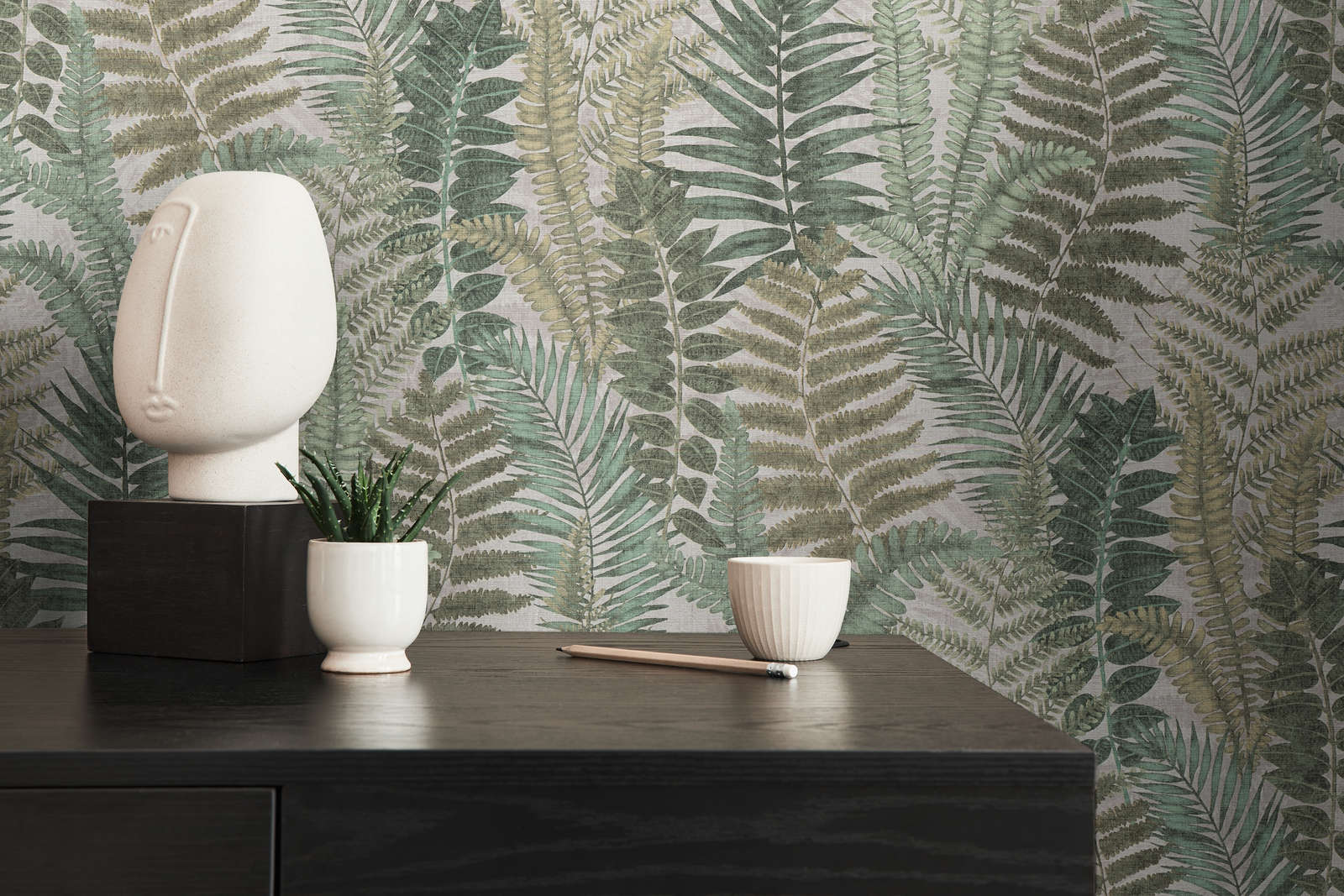            wallpaper floral with fern leaves light textured, matt - beige, green, brown
        