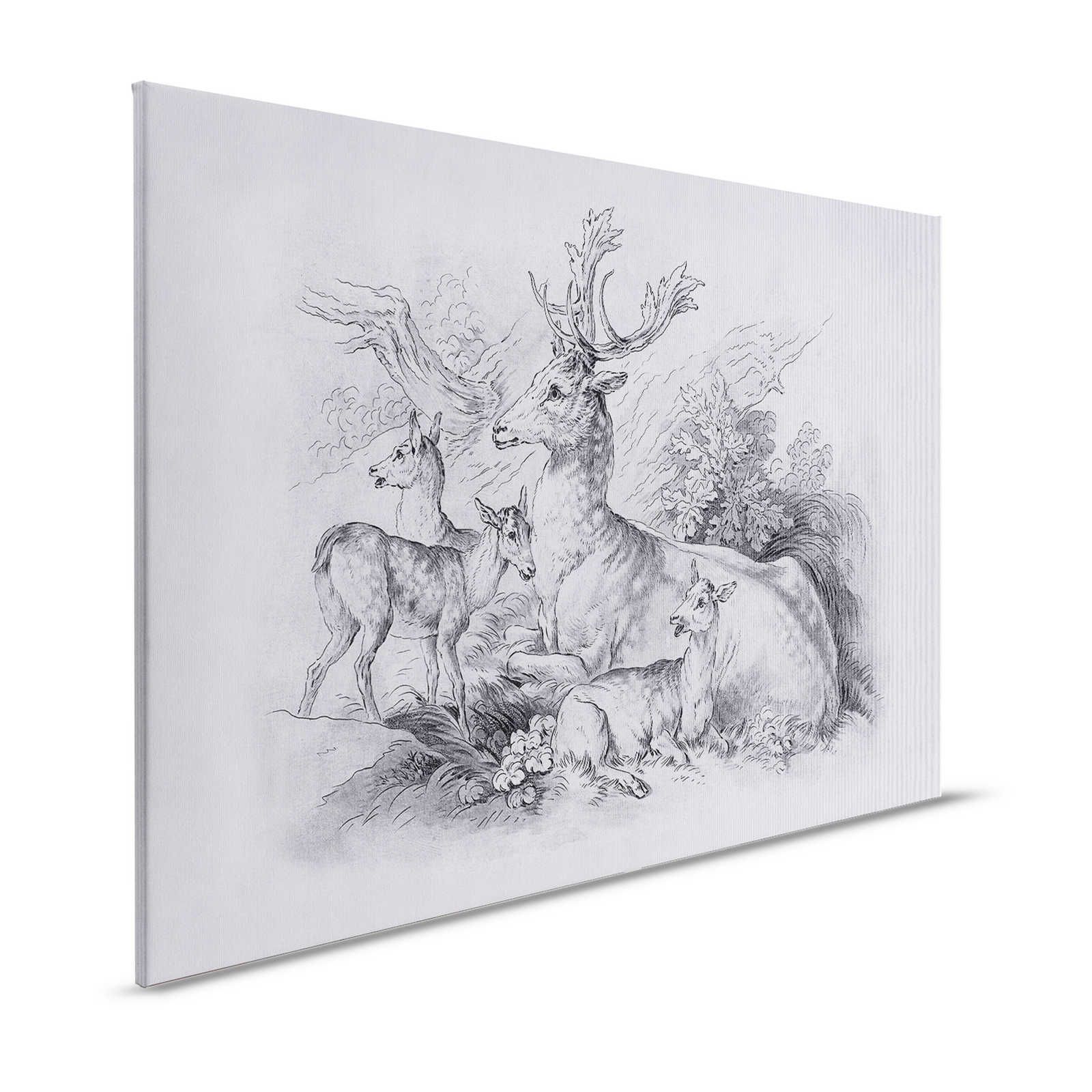 On the Grass 2 - Canvas painting Deer & Stag Vintage Drawing in Grey - 1.20 m x 0.80 m
