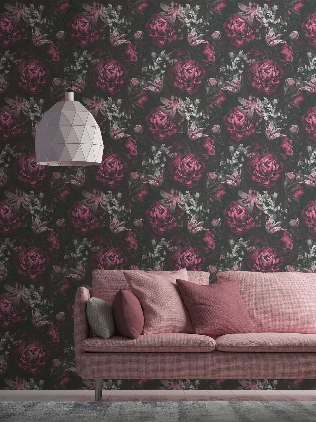             behang rozen & tulpen in klassieke stijl - roze, grijs
        