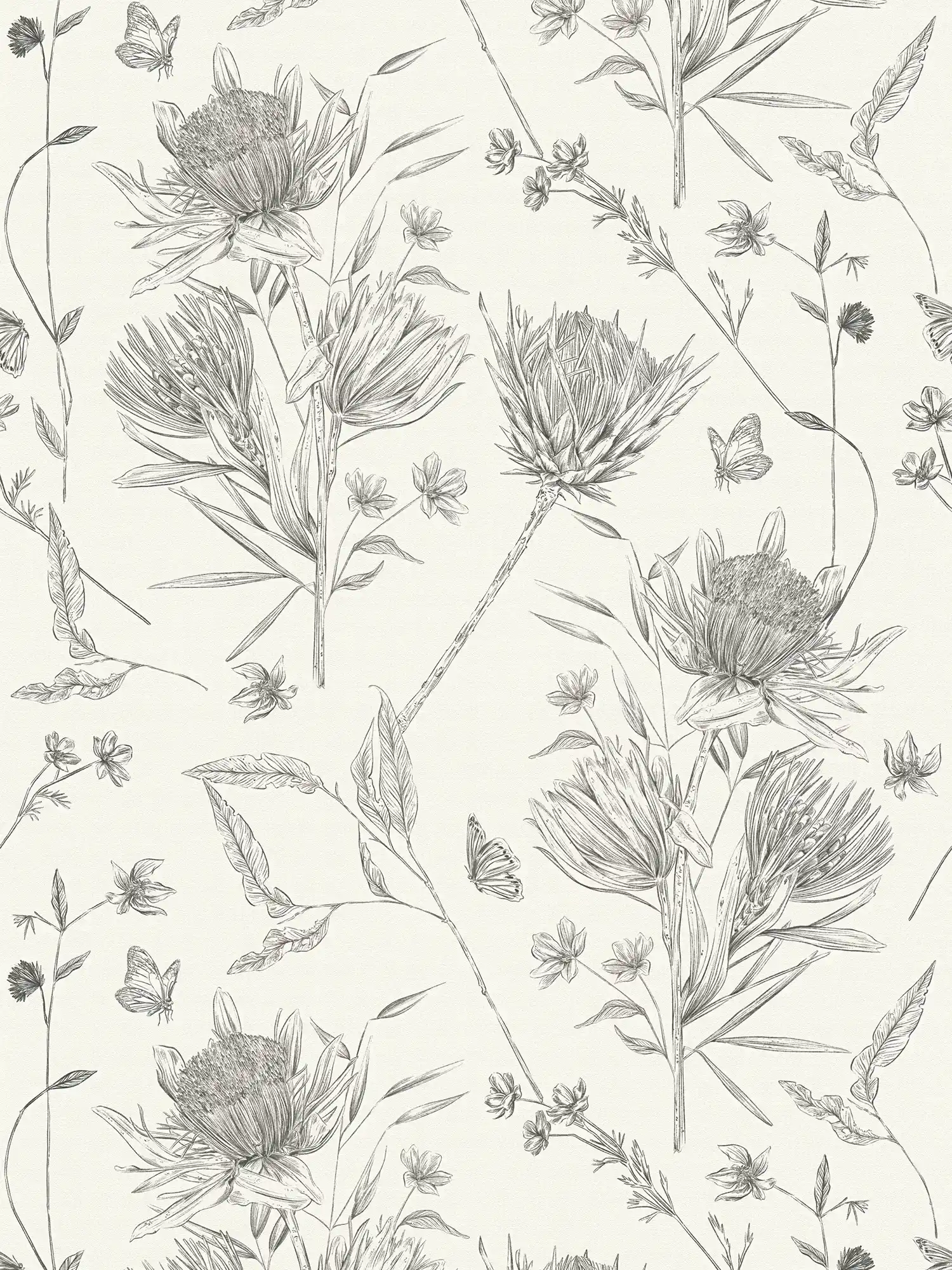         Floral wallpaper with leaves & butterflies textured matt - white, black
    